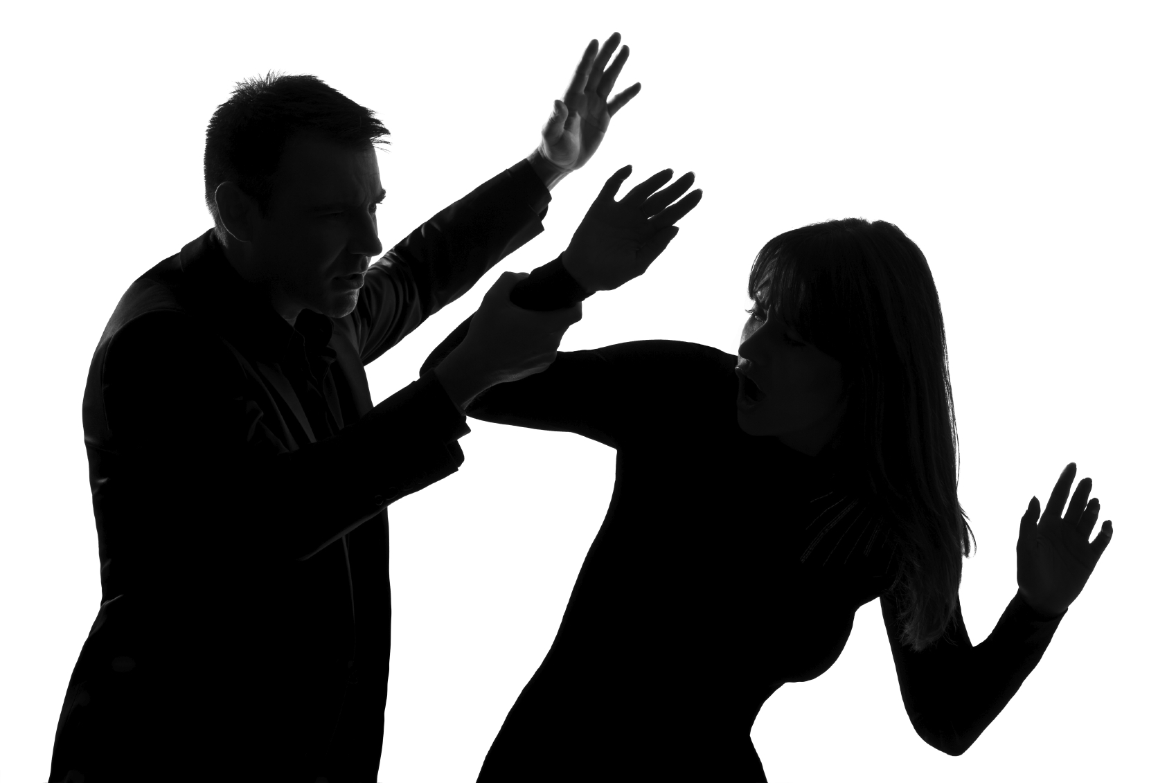 one caucasian couple man and woman expressing domestic violence in studio silhouette isolated on white background
